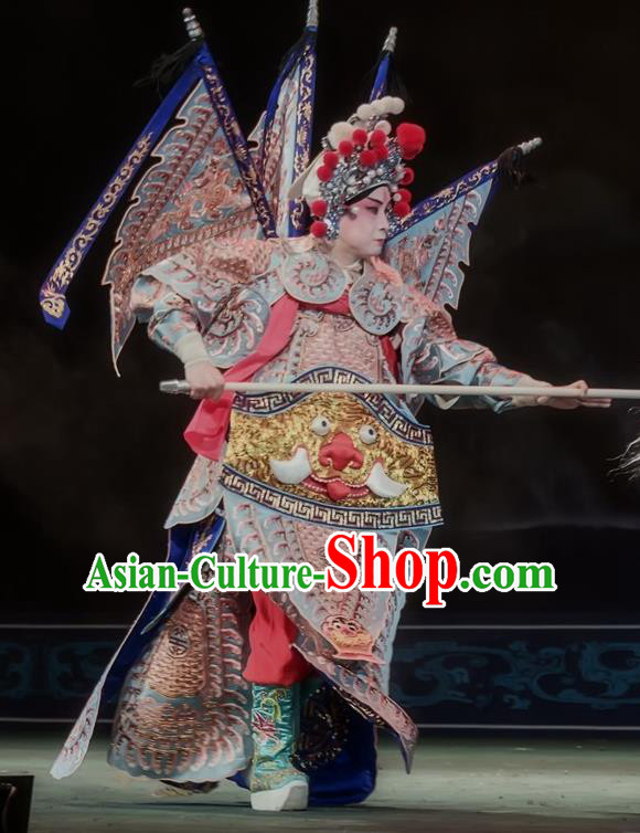 Shuang Ba Lang Chinese Sichuan Opera General Apparels Costumes and Headpieces Peking Opera Wusheng Garment Martial Male Armor Clothing with Flags