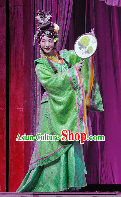 Chinese Sichuan Opera Hua Tan Garment Costumes and Hair Accessories Xi Zhao Qi Shan Traditional Peking Opera Young Female Green Dress Diva Mei Niang Apparels