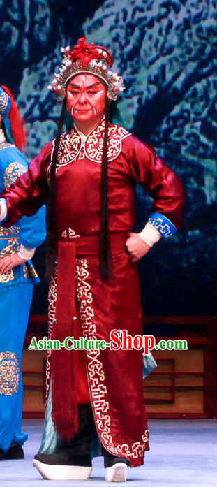 Shao Gu Ji Chinese Ping Opera Wusheng Red Garment Costumes and Headwear Pingju Opera Martial Male Apparels Clothing