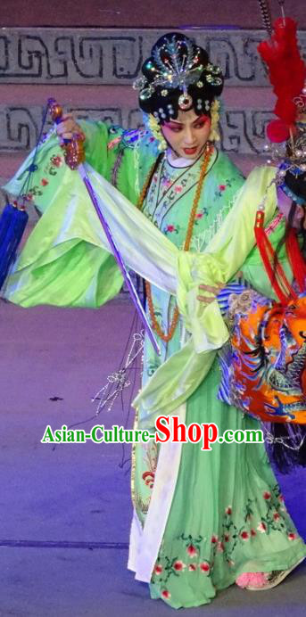 Chinese Sichuan Opera Actress Xi Hui Garment Costumes and Hair Accessories Qing Yun Palace Traditional Peking Opera Young Female Green Dress Apparels