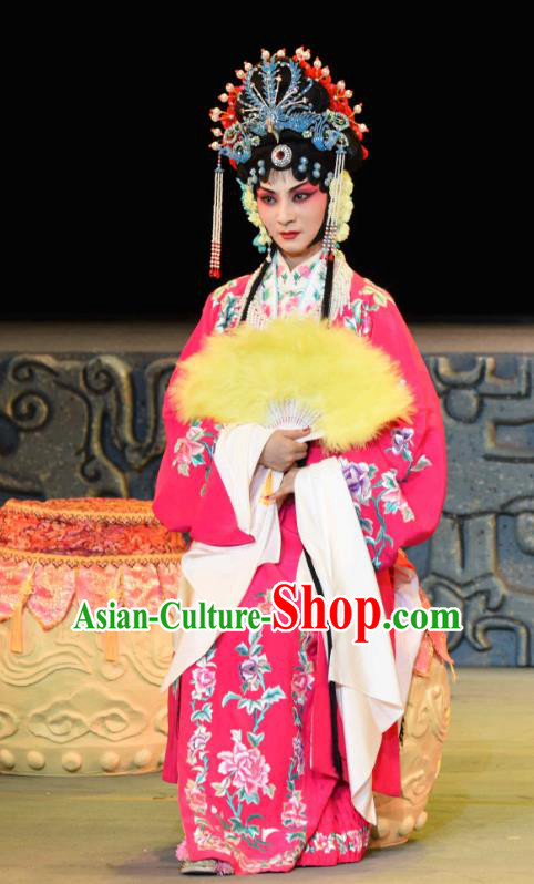 Chinese Sichuan Opera Diva Xi Hui Garment Costumes and Hair Accessories Qing Yun Palace Traditional Peking Opera Princess Consort Rosy Dress Apparels