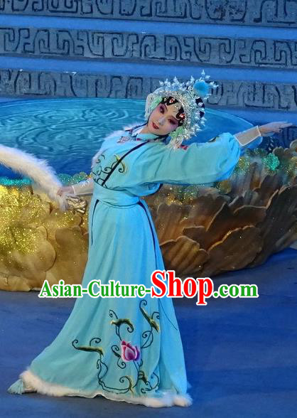 Chinese Sichuan Opera Young Lady Garment Costumes and Hair Accessories Qing Yun Palace Traditional Peking Opera Xiaodan Miao Jinhua Blue Dress Apparels