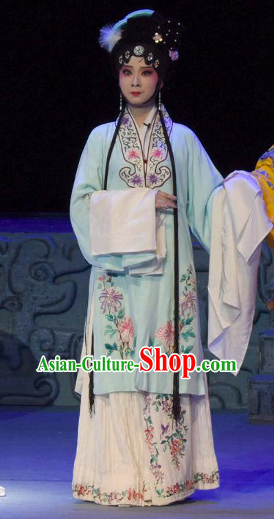 Chinese Sichuan Opera Imperial Consort Garment Costumes and Hair Accessories Qing Yun Palace Traditional Peking Opera Young Lady Blue Dress Apparels