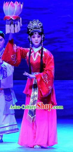 Chinese Beijing Opera Actress Hua Tan Apparels Costumes and Headpieces Traditional Peking Opera Ma Zu Goddess Lin Moniang Red Dress Garment