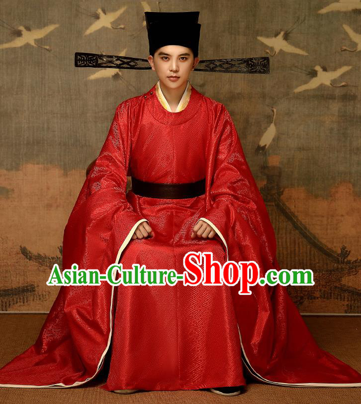 Chinese Traditional Song Dynasty Emperor Red Hanfu Garment Ancient Drama Monarch Historical Costumes and Headwear Complete Set