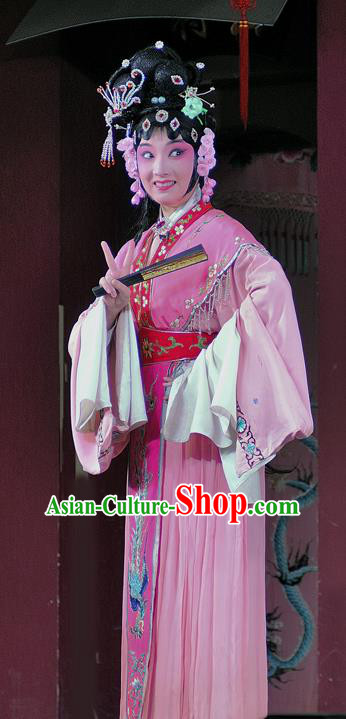 Chinese Sichuan Opera Actress Jiang Ruilian Garment Costumes and Hair Accessories Shuang Bai Yue Traditional Peking Opera Actress Pink Dress Hua Tan Apparels