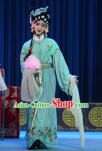 Chinese Sichuan Opera Young Lady Wang Ruilan Garment Costumes and Hair Accessories Shuang Bai Yue Traditional Peking Opera Hua Tan Green Dress Diva Apparels