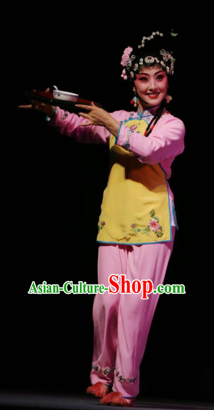 Chinese Sichuan Opera Maid Lady Garment Costumes and Hair Accessories He Zhu Pei Traditional Peking Opera Xiaodan Dress Servant Girl Apparels