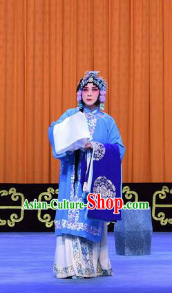 Chinese Beijing Opera Diva Meng Yuehua Apparels Costumes and Headpieces Traditional Peking Opera Yu Bei Pavilion Young Female Blue Dress Garment