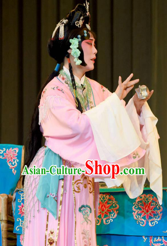 Chinese Sichuan Opera Hua Tan Zhu Yingtai Garment Costumes and Hair Accessories Fang You Traditional Peking Opera Actress Pink Dress Young Lady Apparels