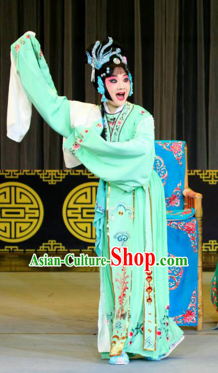 Chinese Sichuan Opera Diva Garment Costumes and Hair Accessories Fang You Traditional Peking Opera Hua Tan Green Dress Actress Apparels