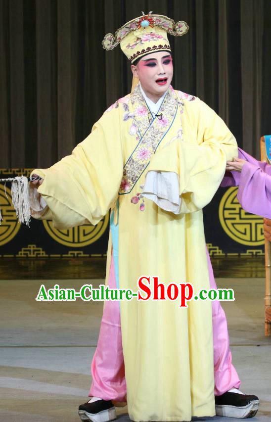 Fang You Chinese Sichuan Opera Xiaosheng Apparels Costumes and Headpieces Peking Opera Scholar Liang Shanbo Garment Niche Yellow Clothing