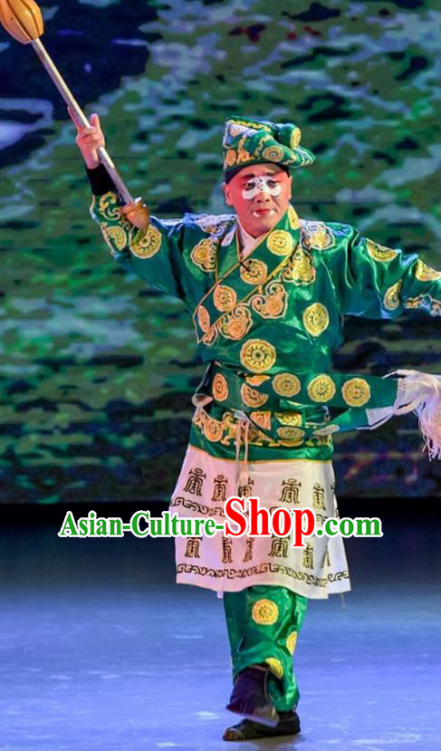 Yuan Men Zhan Zi Chinese Sichuan Opera Chou Role Apparels Costumes and Headpieces Peking Opera Soldier Garment Figurant Clothing