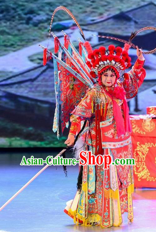 Chinese Sichuan Opera Tao Ma Tan Garment Costumes and Hair Accessories Yuan Men Zhan Zi Traditional Peking Opera Blues Mu Guiying Dress Apparels with Flags