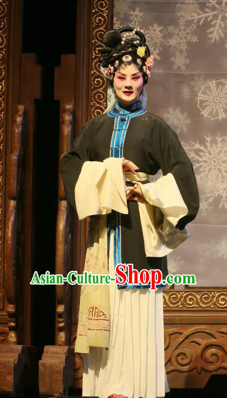 Chinese Sichuan Opera Tsing Yi Garment Costumes and Hair Accessories He Zhu Pei Traditional Peking Opera Young Female Dress Distress Maiden Jin Zhenfeng Apparels