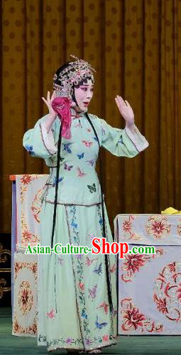 Chinese Beijing Opera Young Lady Apparels Costumes and Headpieces Traditional Peking Opera Yu Bei Pavilion Xiaodan Wang Shuying Green Dress Garment