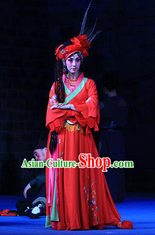 Chinese Beijing Opera Young Lady Red Apparels Costumes and Headpieces Traditional Peking Opera Love Bell Tower Hua Tan Ai Liya Dress Garment
