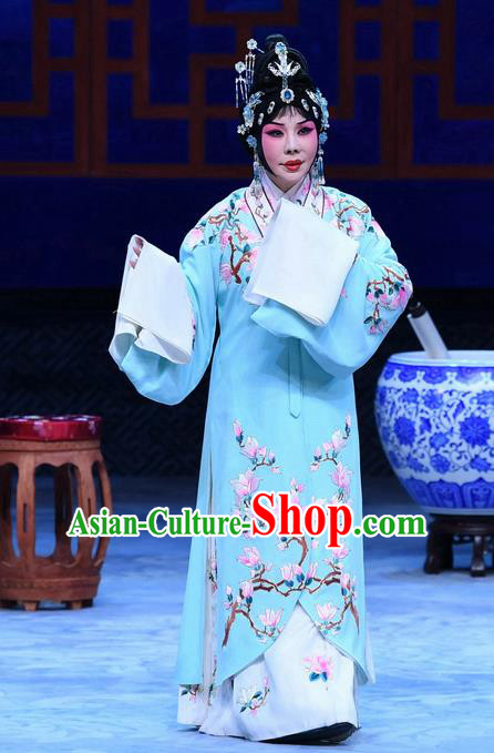 Chinese Beijing Opera Young Female Actress Apparels Costumes and Headpieces Traditional Peking Opera Hua Tan Zhu Lianxiu Blue Dress Garment