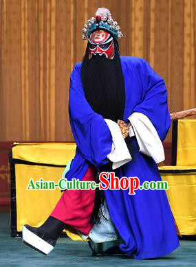 Xiangmei Temple Chinese Peking Opera Elderly Male Garment Costumes and Headwear Beijing Opera Laosheng Huang Chao Apparels Blue Robe Clothing