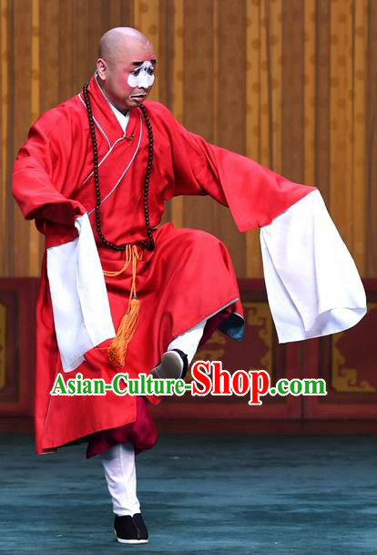 Xiangmei Temple Chinese Peking Opera Monk Liao Kong Garment Costumes Beijing Opera Chou Role Apparels Clown Red Frock Clothing