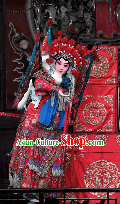 Chinese Beijing Opera Female General Red Kao Armor Suit with Flags Apparels Costumes and Headdress Hong Zong Lie Ma Traditional Peking Opera Princess Daizhan Dress Garment