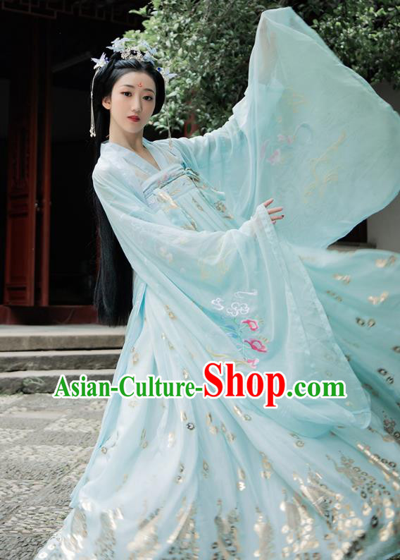 Chinese Tang Dynasty Palace Princess Historical Costumes Traditional Court Lady Apparels Ancient Noble Woman Blue Hanfu Dress