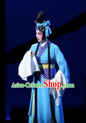 Chinese Beijing Opera Country Woman Apparels Costumes and Headdress Xin Zhui Traditional Peking Opera Han Dynasty Young Female Blue Dress Garment