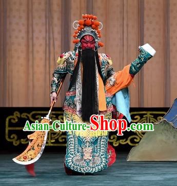 Changban Po Hanjin Kou Chinese Peking Opera General Guan Yu Armor Garment Costumes and Headwear Beijing Opera Wusheng Apparels Clothing