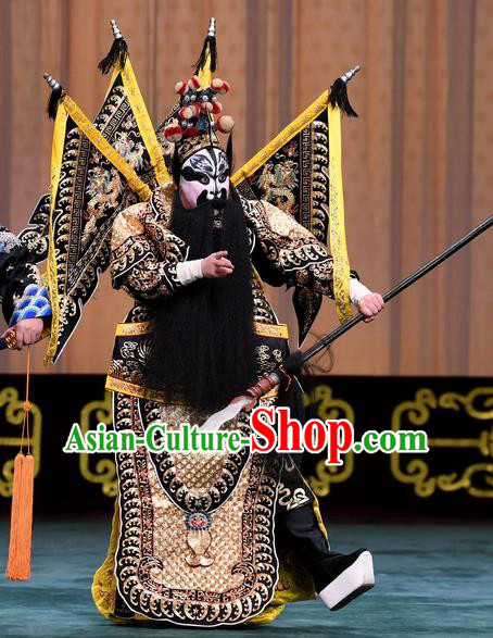 Changban Po Hanjin Kou Chinese Peking Opera General Zhang Fei Kao Armor Suit with Flags Garment Costumes and Headwear Beijing Opera Military Officer Apparels Clothing