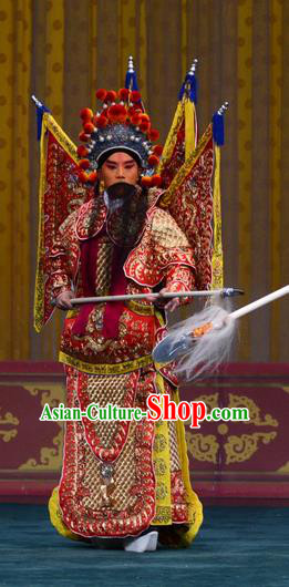 Changban Po Hanjin Kou Chinese Peking Opera Wusheng Garment Costumes and Headwear Beijing Opera Apparels General Kao Armor Suit with Flags Clothing