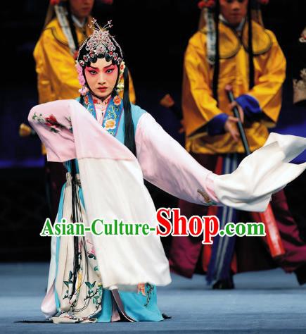 Chinese Beijing Opera Xiaodan Apparels Costumes and Headdress Sacrifice Zhao Shi Gu Er Traditional Peking Opera Court Lady Dress Garment