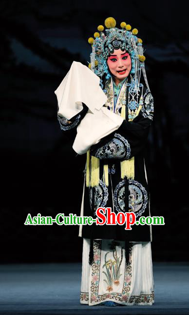 Chinese Beijing Opera Distress Female Apparels Costumes and Headdress Sacrifice Zhao Shi Gu Er Traditional Peking Opera Young Woman Black Dress Garment