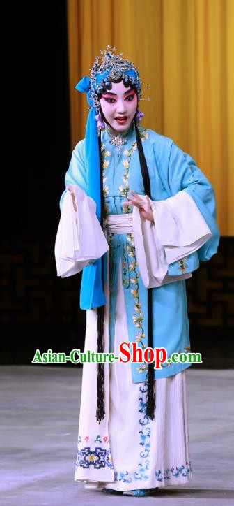 Chinese Beijing Opera Young Female Jiang Qiulian Apparels Costumes and Headpieces Chun Qiu Pei Traditional Peking Opera Tsing Yi Blue Dress Garment