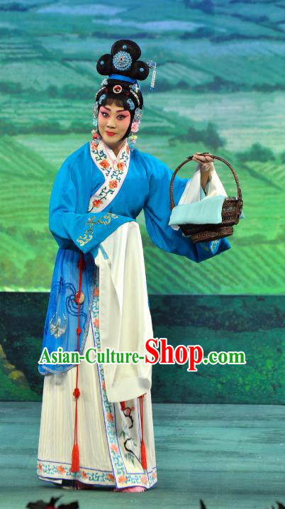 Chinese Beijing Opera Country Girl Xi Shi Apparels Costumes and Headdress Traditional Peking Opera Actress Blue Dress Garment