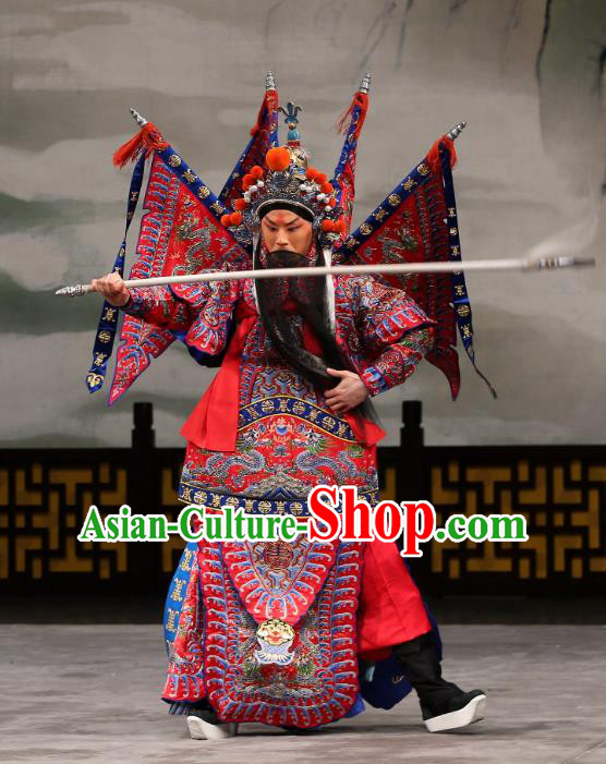 Xi Shi Chinese Peking Opera General Red Kao Armor Suit with Flags Garment Costumes and Headwear Beijing Opera Martial Male Apparels Clothing