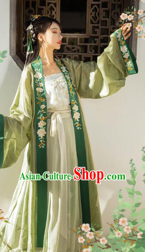 Traditional Chinese Song Dynasty Young Female Apparels Historical Costumes Ancient Royal Princess Embroidered Green Hanfu Dress