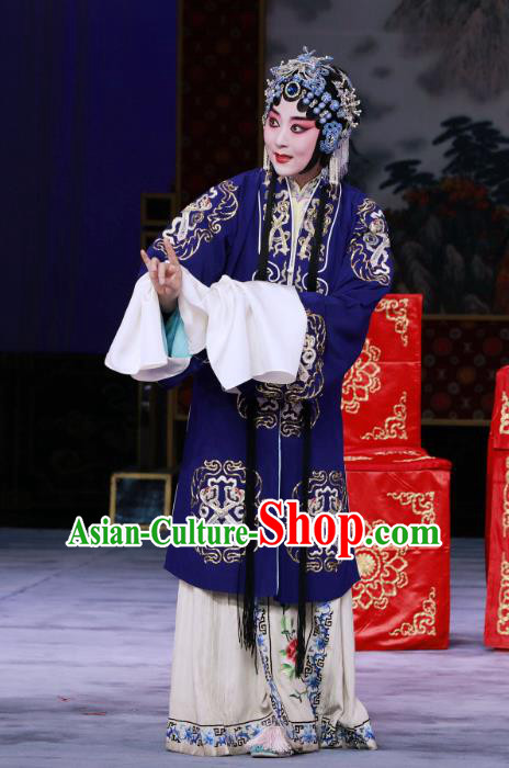 Chinese Beijing Opera Hua Tan Zhao Shouzhen Apparels Costumes and Headdress The Unicorn Purse Traditional Peking Opera Actress Blue Dress Diva Garment