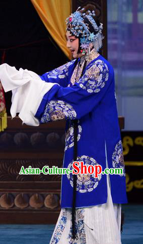 Chinese Beijing Opera Young Female Apparels Costumes and Headdress The Unicorn Purse Traditional Peking Opera Hua Tan Blue Dress Garment