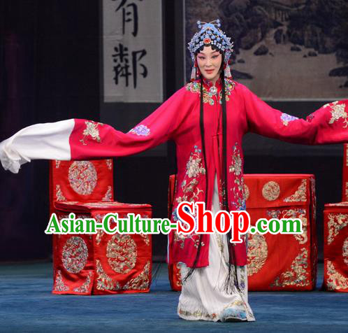 Chinese Beijing Opera Diva Zhao Shouzhen Apparels Costumes and Headdress The Unicorn Purse Traditional Peking Opera Young Mistress Red Dress Garment