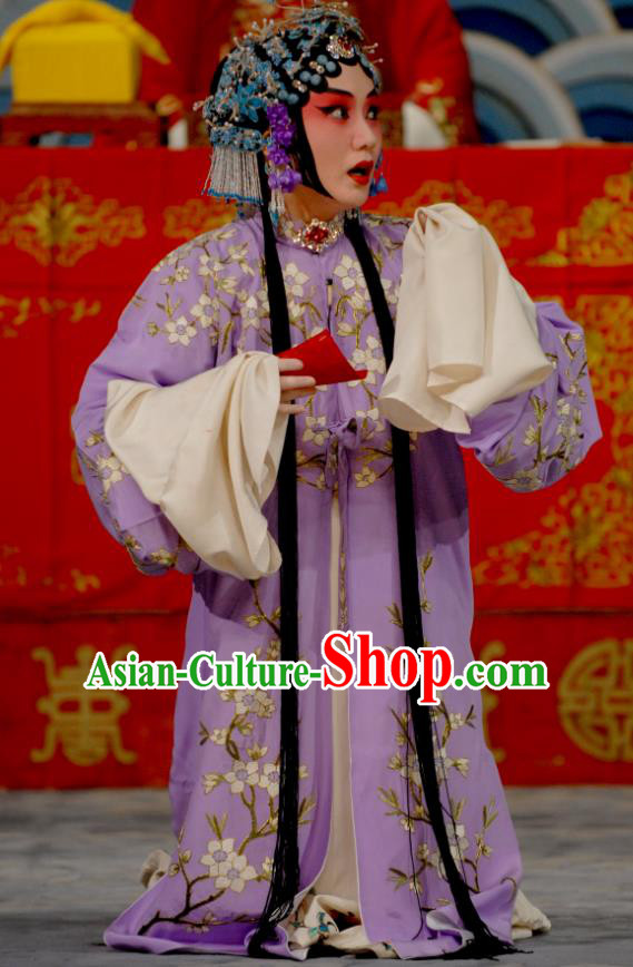 Chinese Beijing Opera Young Female Apparels Costumes and Headdress Chen Sanliang Pa Tang Traditional Peking Opera Hua Tan Purple Dress Diva Li Shuping Garment