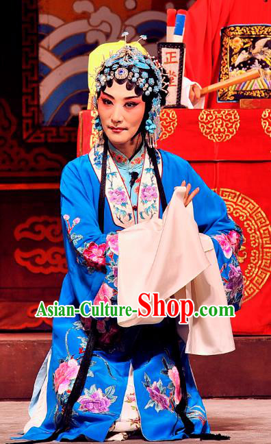 Chinese Beijing Opera Actress Apparels Costumes and Headdress Chen Sanliang Pa Tang Traditional Peking Opera Diva Blue Dress Courtesan Li Shuping Garment