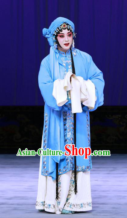 Chinese Beijing Opera Distress Maiden Apparels Costumes and Headdress The Unicorn Purse Traditional Peking Opera Tsing Yi Blue Dress Diva Garment