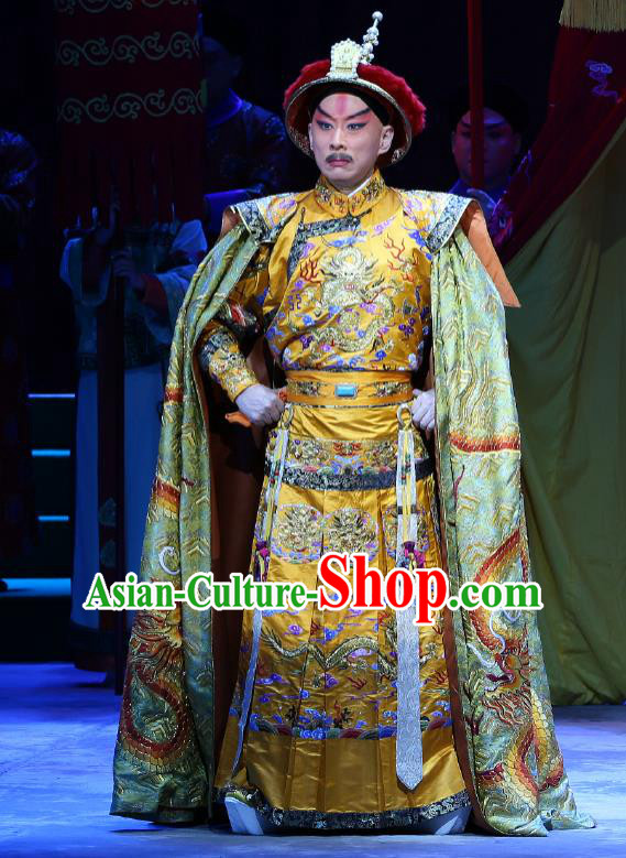 Kangxi Dadi Chinese Peking Opera Garment Costumes and Headwear Beijing Opera Qing Dynasty Emperor Apparels Clothing Majesty Embroidered Robe