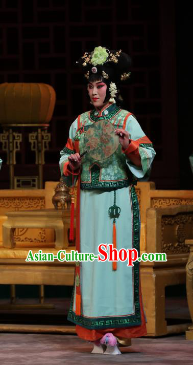 Chinese Beijing Opera Palace Lady Apparels Costumes and Headpieces Kangxi Dadi Traditional Peking Opera Court Maid Green Dress Garment