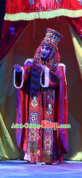 Chinese Beijing Opera Actress Wedding Apparels Costumes and Headdress Kangxi Dadi Traditional Peking Opera Qing Dynasty Princess Lan Er Red Dress Garment