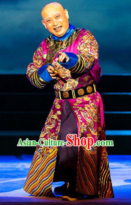 Kangxi Dadi Chinese Peking Opera Old Man Garment Costumes and Headwear Beijing Opera Qing Dynasty Elderly Eunuch Zhang Dequan Apparels Clothing