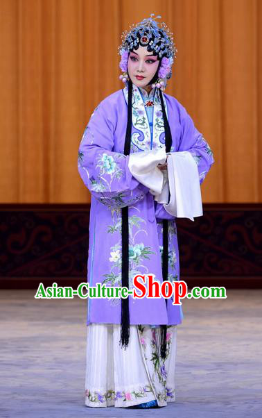 Chinese Beijing Opera Hua Tan Li Shuping Apparels Costumes and Headdress Chen Sanliang Pa Tang Traditional Peking Opera Courtesan Purple Dress Garment