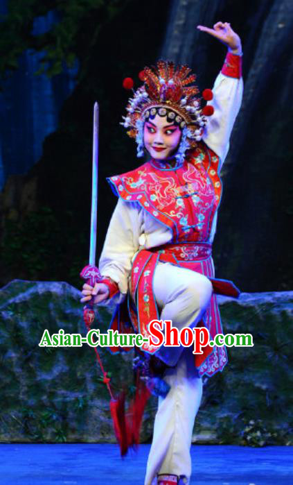 Chinese Beijing Opera Martial Female Apparels Costumes and Headdress Qing Shi Mountain Traditional Peking Opera Wu Dan Red Dress Garment