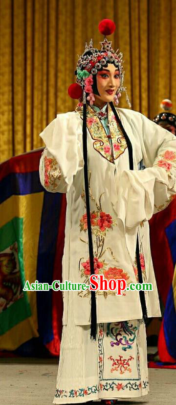 Chinese Beijing Opera Hua Tan Apparels Costumes and Headdress Qing Shi Mountain Traditional Peking Opera Actress Fox Fairy White Dress Garment