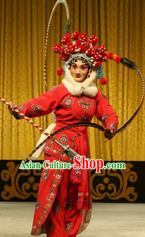 Chinese Beijing Opera Blues Apparels Costumes and Headdress Qing Shi Mountain Traditional Peking Opera Tao Ma Tan Red Dress Actress Garment